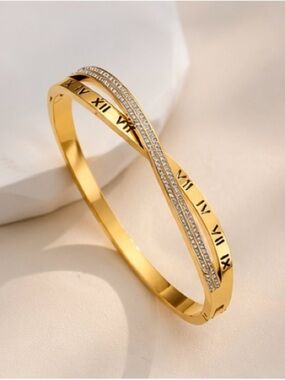 Luxury Roman Numeral Crystal Gold Bangle Bracelet